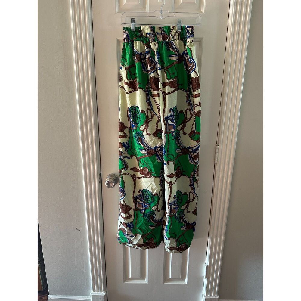 Handmade Vintage Silk Scarf Style Wide Leg Pants Green Western Carriage Pattern